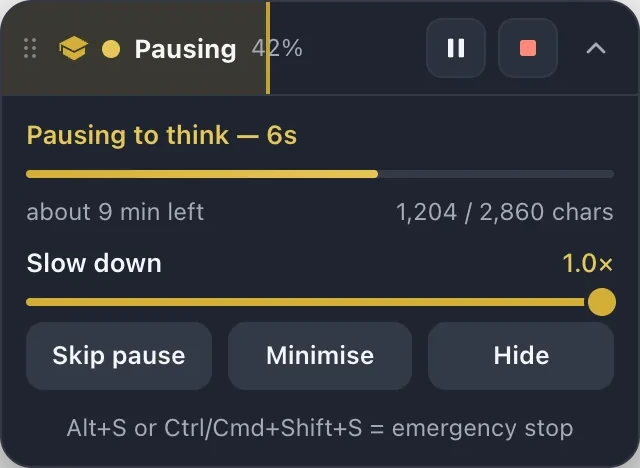 The Duey Pro progress pill showing a run in progress