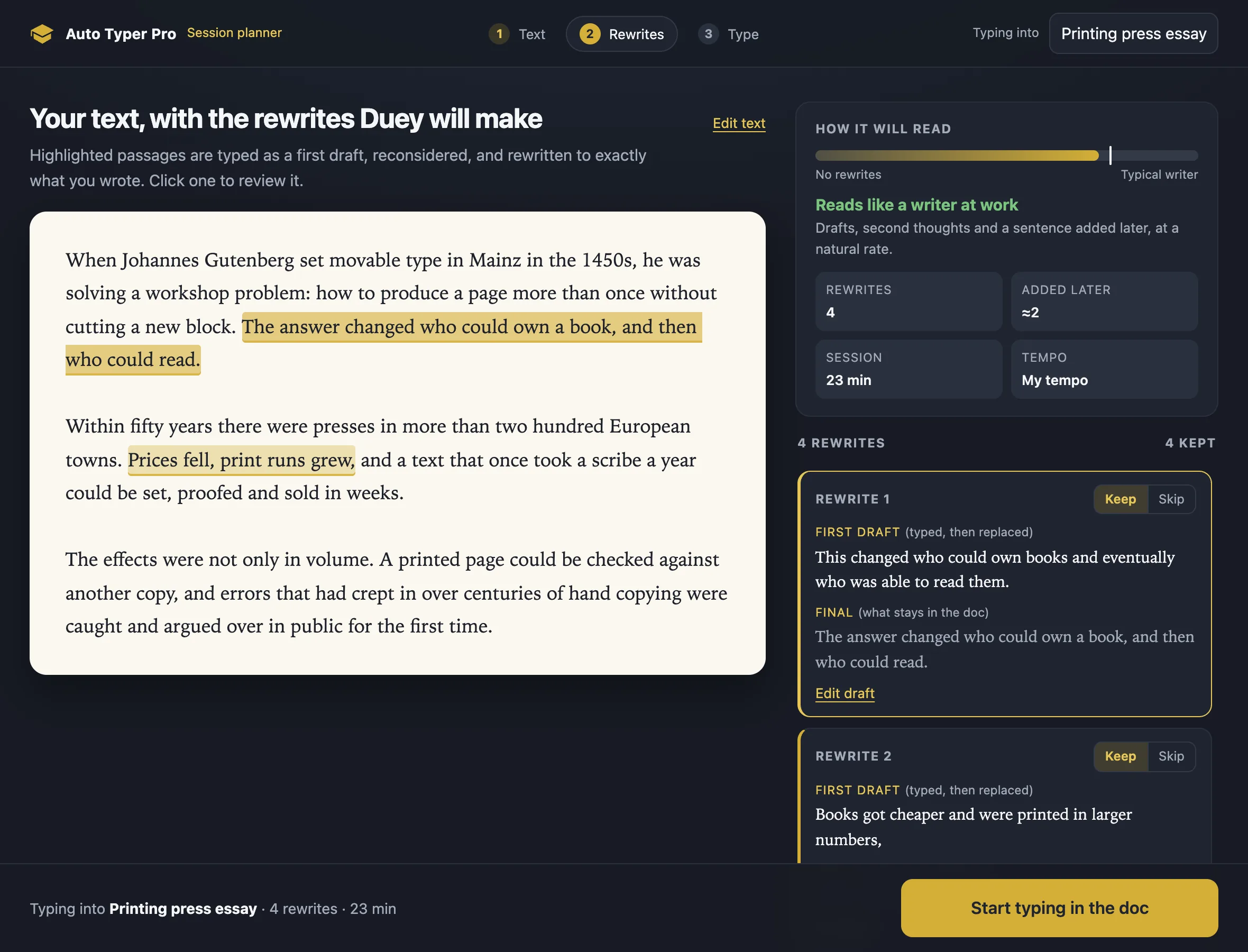 The Duey Pro session planner review screen