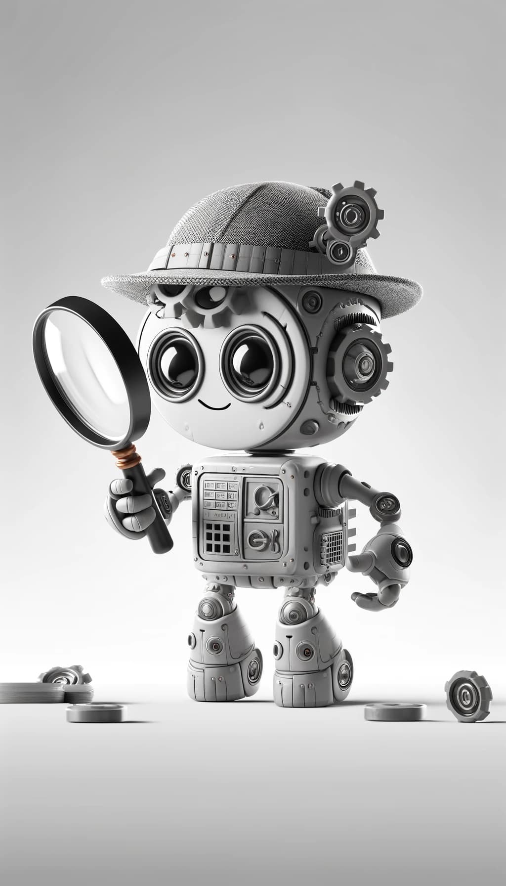 A detective robot peering at a document