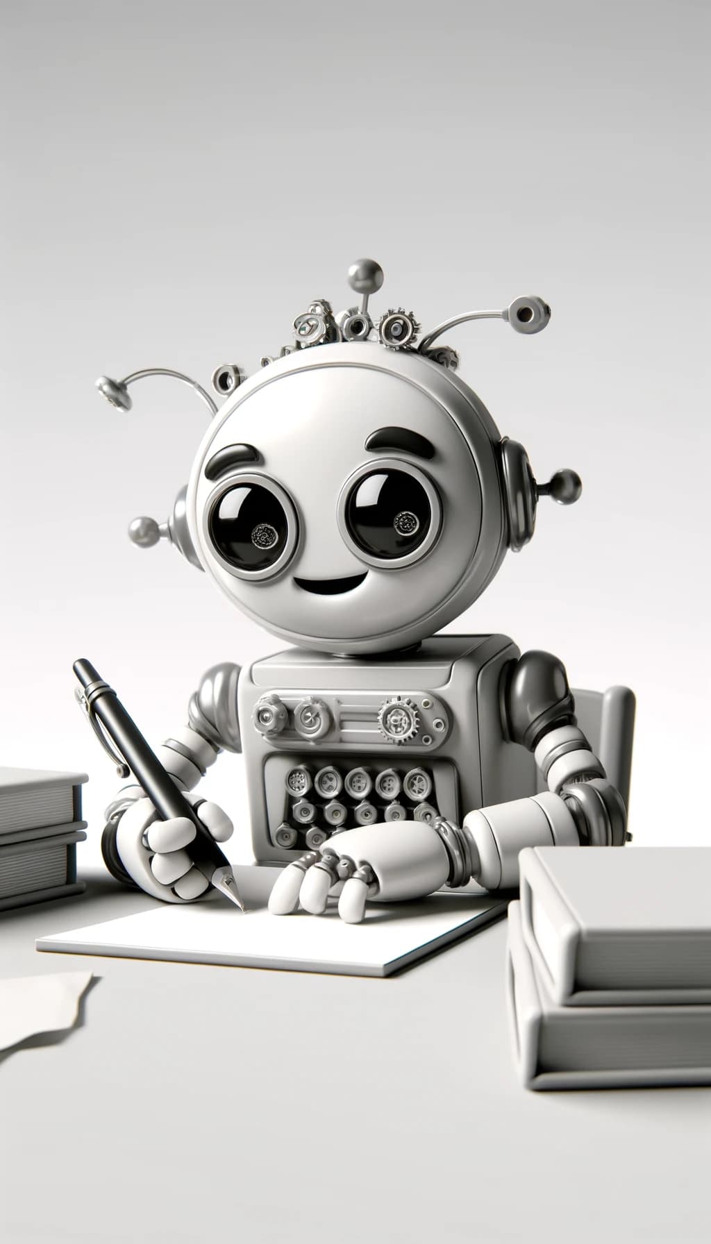 A robot writing at a desk