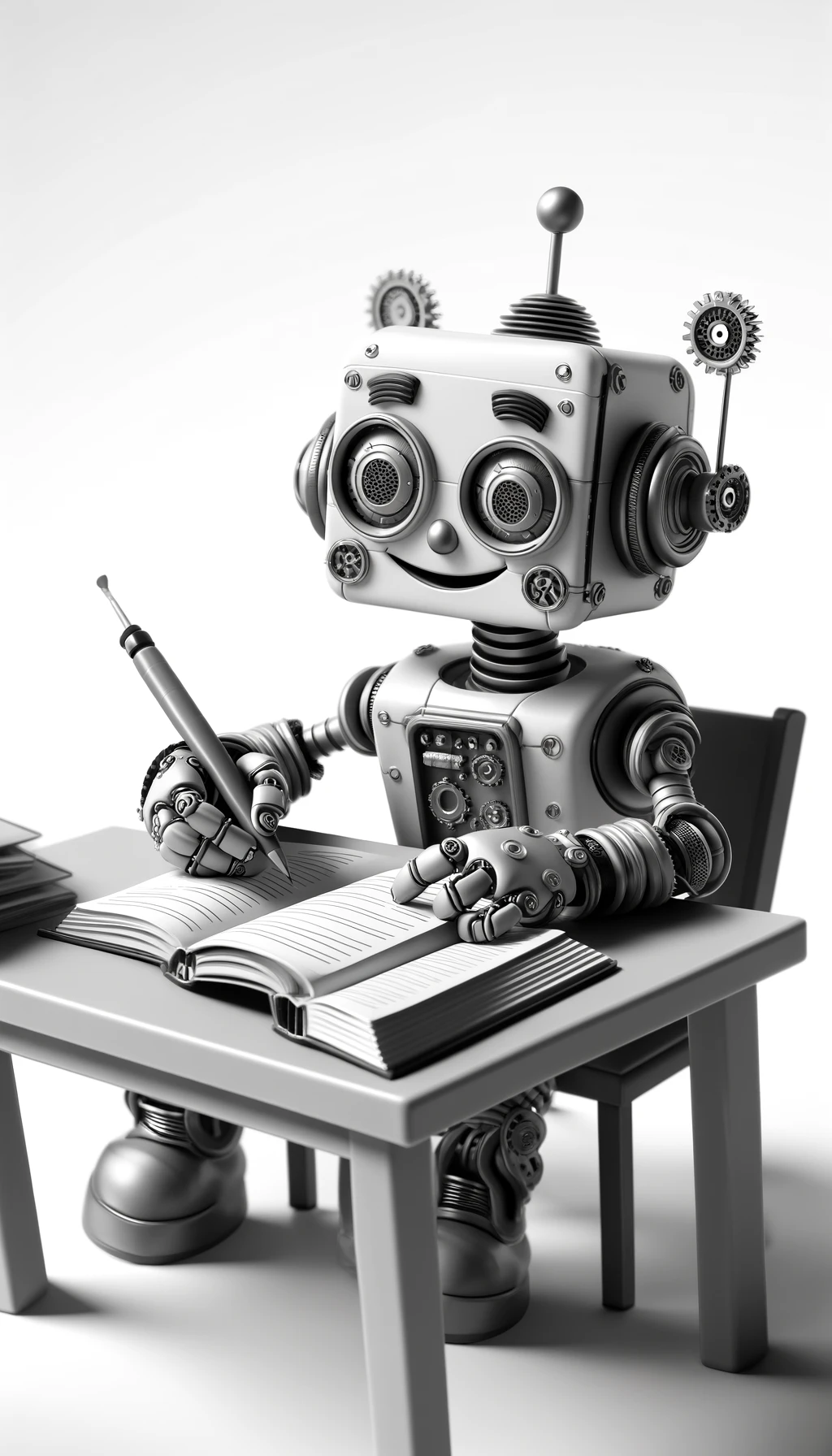 A robot at a desk typing a document