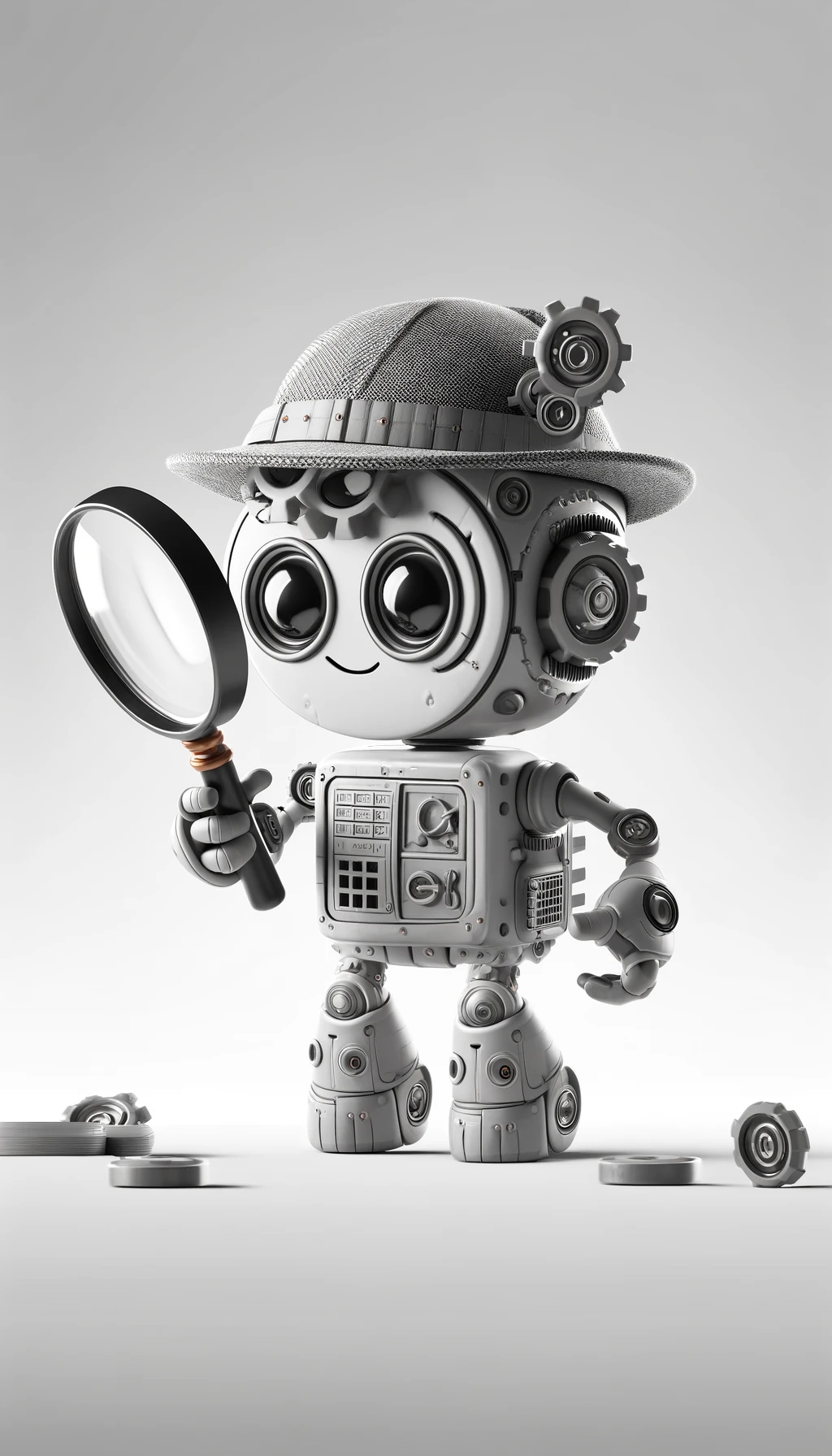 A detective robot inspecting a document
