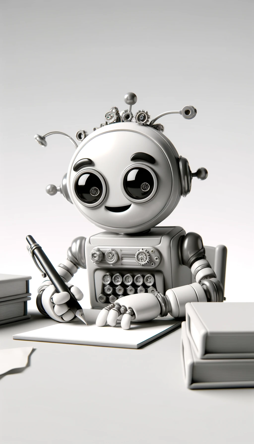 A robot writing at a desk